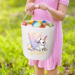 Personalisierte Niedliche Osternhase Blumen Canvas Eimertasche Korb mit Namen Initiale Ostereiersuche Geburtstag Party Geschenke für Jungen Mädchen