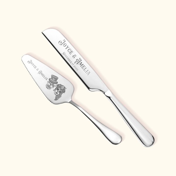 Personalisierte Schädel Kuchenmesser und Server-Set mit eingravierten Namen und Datum Hochzeit Brautdusche Geschenk für Ehepaar