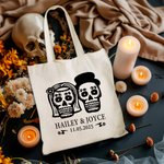 Personalized Gothic Sugar Skull Reusable Canvas Tote Bag with Name and Date Mexican Day of the Dead Wedding Gift for Couple