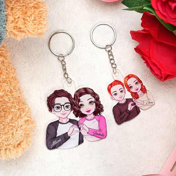 Personalised Cartoon Couple Heart Gesture Acrylic Keychain with Name Bag Charms Valentine's Day Anniversary Gift for Couples