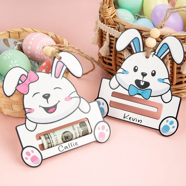Personalized Cute Rabbit Expression Wooden Money Holder Basket Tag with Name Easter Basket Stuffers Gift for Kids