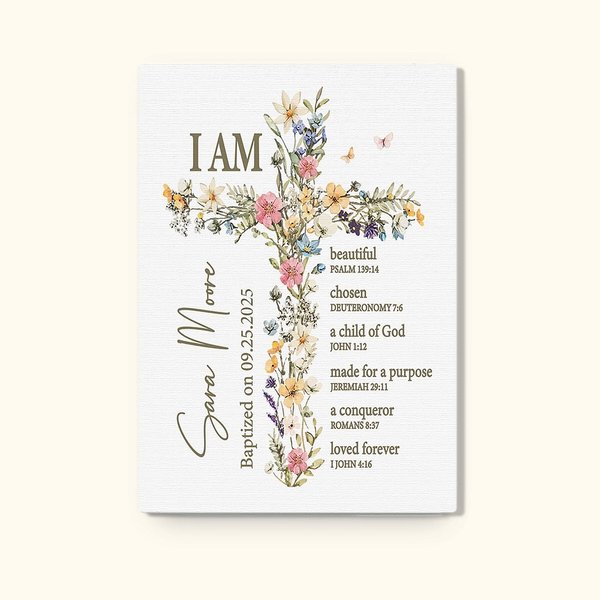 Personalized Floral Cross Bible Verse Canvas Painting with Name First Communion Party Wall Decor Christening Baptism Gift for Kids