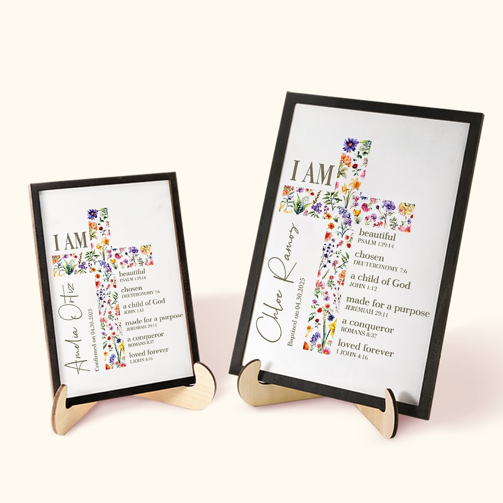 Plaque en bois avec support Nom et texte Baptême Première Communion Décoration de bureau Cadeau pour enfants Fille