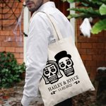 Personalized Gothic Sugar Skull Reusable Canvas Tote Bag with Name and Date Mexican Day of the Dead Wedding Gift for Couple