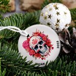 Personalized Gothic Birth Flower Sugar Skull Ceramic Ornament with Name and Year Funny Holiday Decoration Day of The Dead Gift