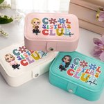 Personalisierte Cool Sisters Club Cartoon-Charakter Zwei-Lagen-PU-Leder-Schmuck-Box mit Namen Portable Travel Essential Geburtstag Geschenk für Frauen Mädchen