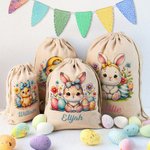 Personalized Cute Cartoon Rabbit Chick Easter Drawstring Gift Bag with Name Birthday Easter Party Gift for Kids Family