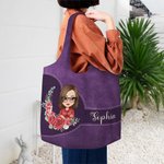 Gepersonaliseerde Geboorte Bloemenkrans Cartoon Karakter Draagtas met Naam Dagelijks Gebruik Moederdag Verjaardagscadeau voor Vrouwen