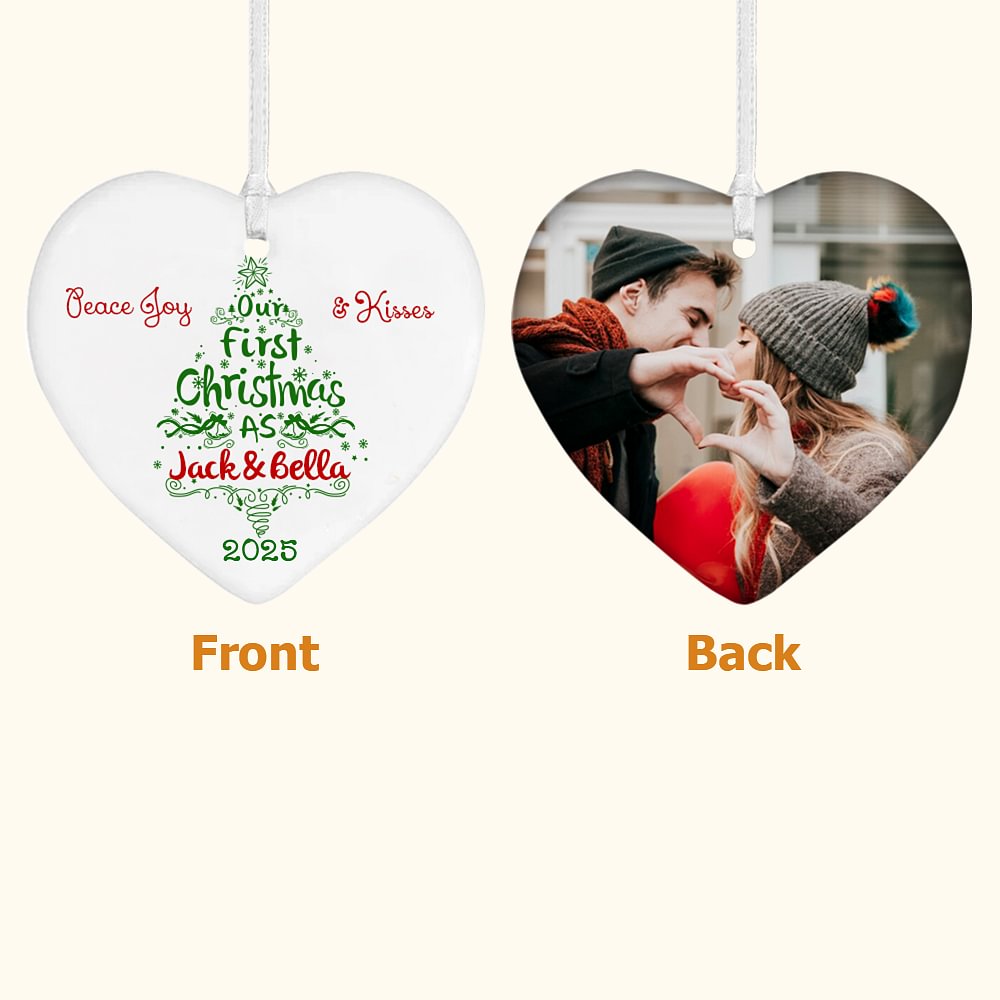 Ornement Céramique en Forme de Coeur Personnalisé avec Nom et Photo Motif Sapin Cadeau Noël Anniversaire pour Femme Mari Couple