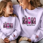 Personalized Pink Leopard Heart Title Highland Cow Kid Adult Matching Sweatshirt with 1-8 Names Birthday Mother's Day Gift for Mom Grandma