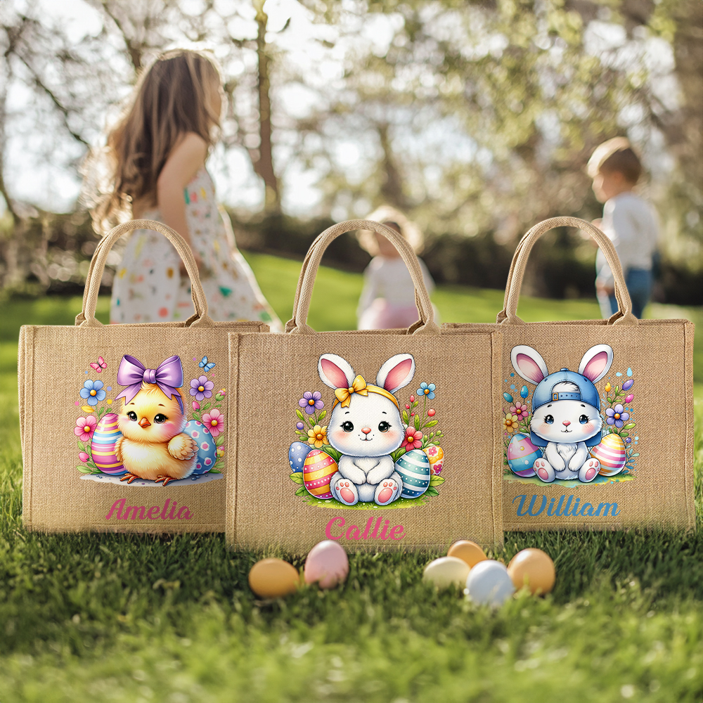 Sac en toile de jute réutilisable avec nom Favoris de Pâques Cadeau d'anniversaire pour enfants Famille