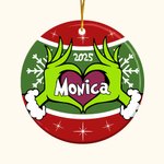 Personalised Green Monster Ceramic Ornament Heart Posture 2025 Christmas Tree Hanging Ornament Funny Holiday Gift for Family Friend Monster Fans