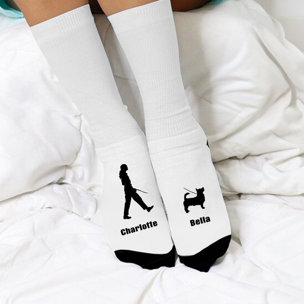 Personalized Dog and Owner Silhouette Soft Mid-calf Socks with Name Anniversary Birthday Gift for Pet Lover