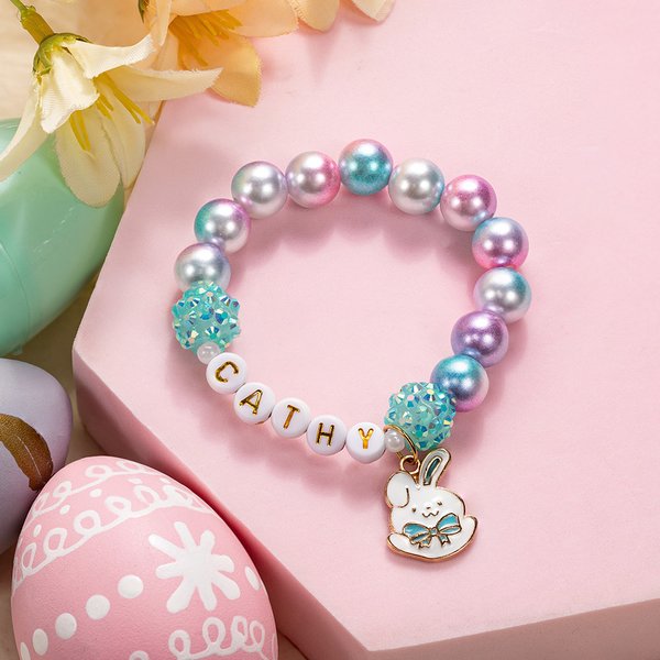 Personalised Cute Rabbit Charm Colorful Elastic Beaded Bracelet with Name Easter Gift for Girls Women
