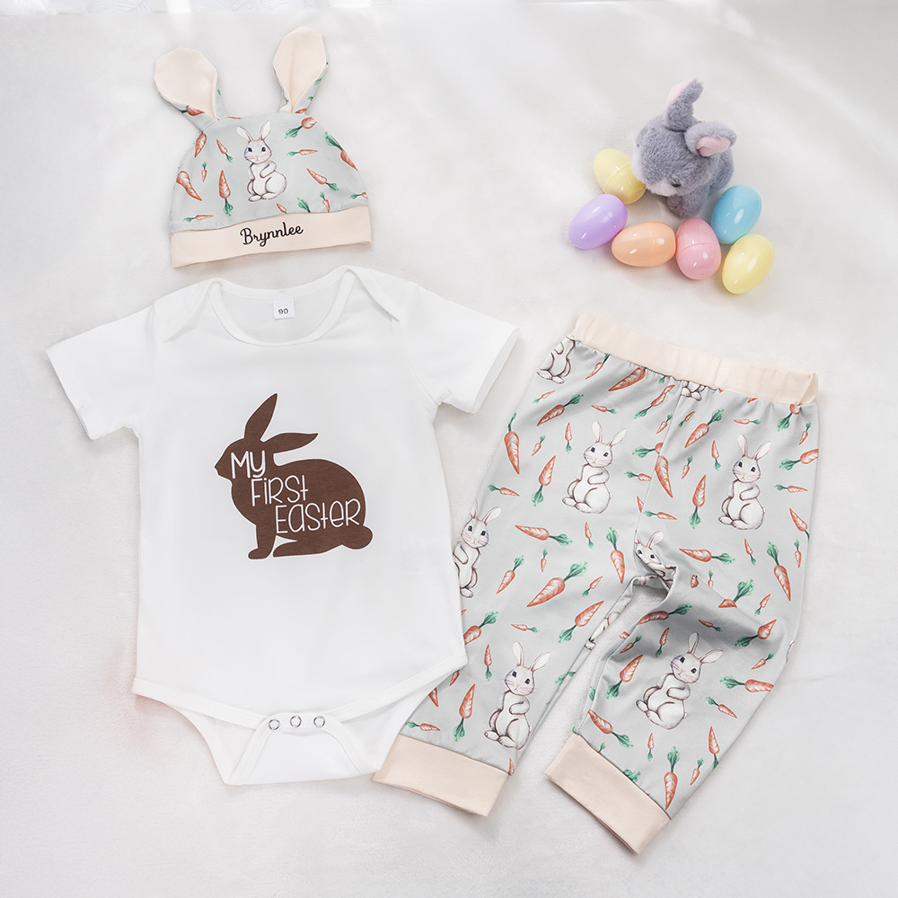 Personnalisé Mon premier lapin de Pâques Nom Body de bébé doux Pantalon de bébé Chapeau de nid d'ange Ensemble de vacances Pâques Anniversaire Cadeau de douche de bébé pour les nouveaux-nés