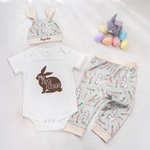 Personalized My First Easter Bunny Name Soft Baby Bodysuit Pants Swaddle Hat Set Holiday Outfit Easter Birthday Baby Shower Gift for Newborns