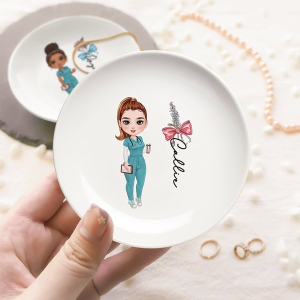Personalized Birth Flower Bow-knot Stethoscope Medical Cartoon Character Jewelry Plate with Name Birthday Nurse Week Gift for Medical Staff