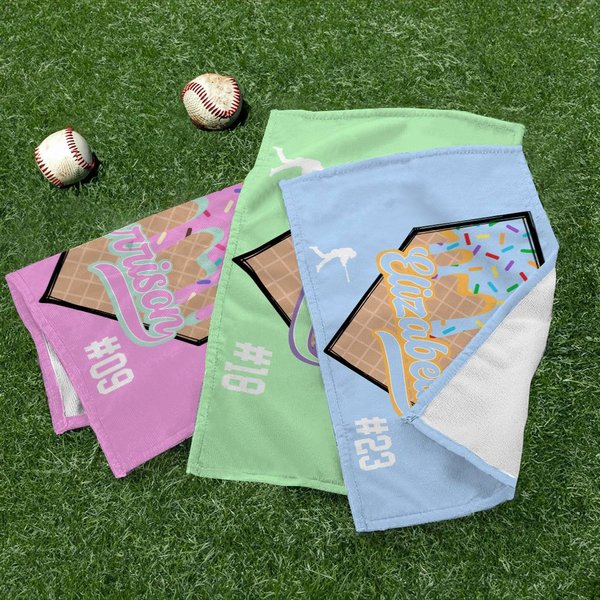 Personalized Multicolor Baseball Ice Cream Dripping Towel with Name and Number Portable Birthday Sport Accessories Gift for Baseball Sport Lovers