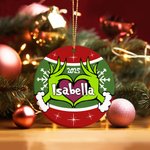 Personalised Green Monster Ceramic Ornament Heart Posture 2025 Christmas Tree Hanging Ornament Funny Holiday Gift for Family Friend Monster Fans