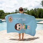 Asciugamano da spiaggia oversize personalizzato con nome e fiore di nascita personaggio in stile cartone animato asciugatura rapida regalo per amici