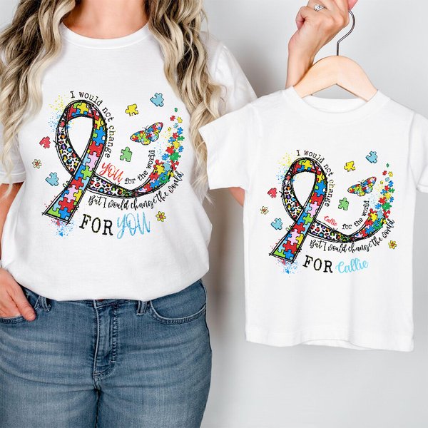 Personalised Autism Ribbon Awareness 100% Cotton Kid Adult T-shirt with Name World Autism Day Birthday Encouragement Gift for Family Friend