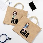 Personaje de dibujos animados personalizado Bolsa de yute reutilizable con nombre y profesión Regalo de cumpleaños en agradecimiento al personal médico y de enfermería