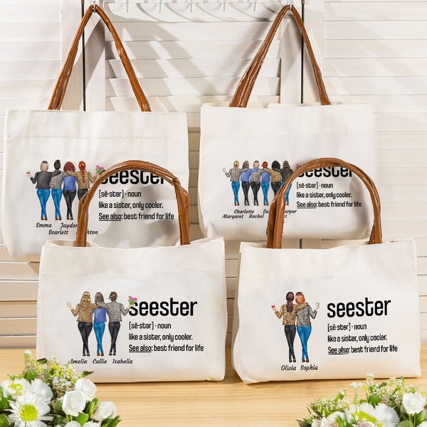 Personalised 2-6 Cartoon Characters Seester Name Canvas Tote Bag with Leather Handle Travel Accessory Birthday Gift for Sisters Besties Women