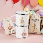 Personalisierte Peter Rabbit 12oz Multicolor Rim Emaille Becher Drawstring behandeln Tasche mit Namen Geburtstag Ostern Party Gunst Geschenk für Kinder