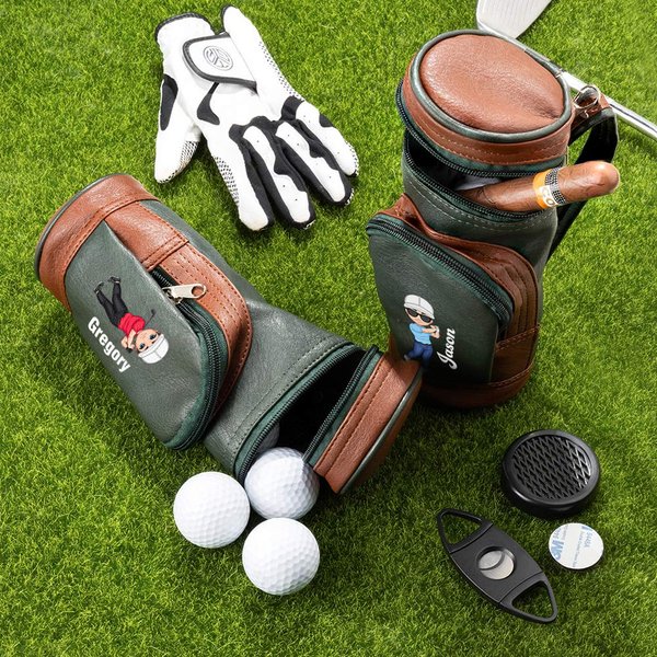 Personalisierte Cartoon-Charakter PU-Leder Wertsachentasche Golfballtasche mit Namen Jahrestag Geburtstag Vatertag Geschenk für Golfliebhaber Herrn