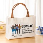 Personalizado 2-6 Personajes de dibujos animados Seester Nombre Bolsa de lona con asa de cuero Accesorio de viaje Regalo de cumpleaños para las hermanas Besties Mujeres