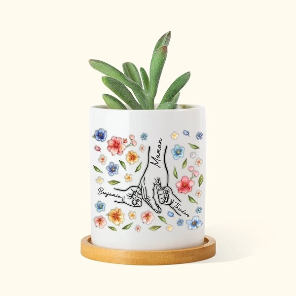 Pot de Fleurs en Céramique Personnalisé avec 1-9 Mains et Noms Base en Bambou Cadeau de Fête des Mères Grand-Mères pour Femme