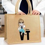 Personaje de dibujos animados personalizado Bolsa de yute reutilizable con nombre y profesión Regalo de cumpleaños en agradecimiento al personal médico y de enfermería