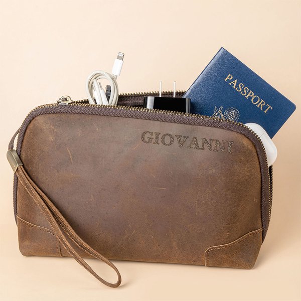 Borsa personalizzata in vera pelle per accessori elettronici da viaggio con testo inciso regalo multiscomparto per festa del papà compleanno