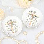 Personalised Floral Cross Bible Verse Ceramic Ring Dish Jewellery Tray with Name First Communion Party Decoration Christening Baptism Gift for Girls