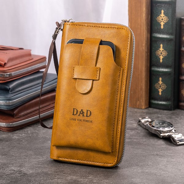 Personalised Engraved Text Portable Leather Zippered Man's Wallet with Wrist Strap and Phone Pocket Birthday Father's Day Anniversary Gift for Men