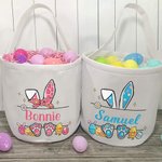 Personalised Cute Easter Bunny Ears Eggs Bow Bucket Bag with Name Easter Egg Hunt Basket Birthday Party Favors Gift for Kids