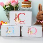 Scatola di latta per biscotti personalizzata con coniglio Peter Rabbit iniziale e nome contenitore uso alimentare regalo di Pasqua per bambini e amici