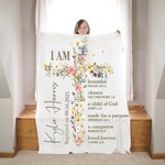 Personalized Floral Cross Bless Bible Verse Soft Throw Blanket with Name and Text Baptism First Communion Gift for Kids