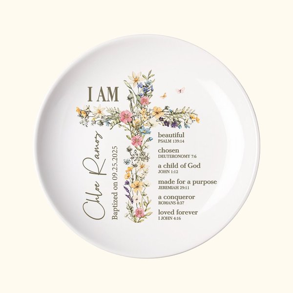Croce floreale personalizzata Versetto della Bibbia Vassoio in ceramica per anelli e gioielli con nome Decorazione per la festa della prima comunione Regalo di battesimo per ragazze