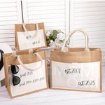 Personalized First Mom Now Grandma Jute Tote Bag with Front Pocket Travel Essentials Birthday Gift for Women