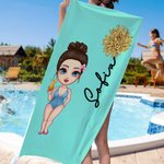 Asciugamano da spiaggia oversize personalizzato con nome e fiore di nascita personaggio in stile cartone animato asciugatura rapida regalo per amici