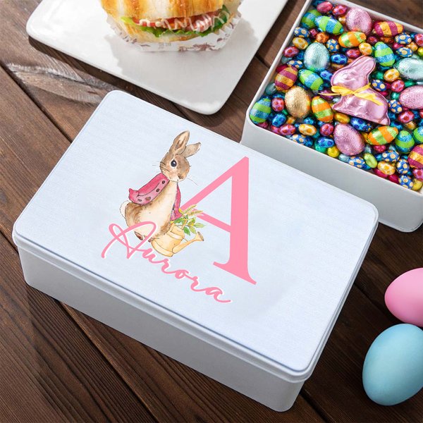 Scatola di latta per biscotti personalizzata con coniglio Peter Rabbit iniziale e nome contenitore uso alimentare regalo di Pasqua per bambini e amici