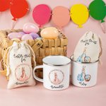 Personalisierte Peter Rabbit 12oz Multicolor Rim Emaille Becher Drawstring behandeln Tasche mit Namen Geburtstag Ostern Party Gunst Geschenk für Kinder