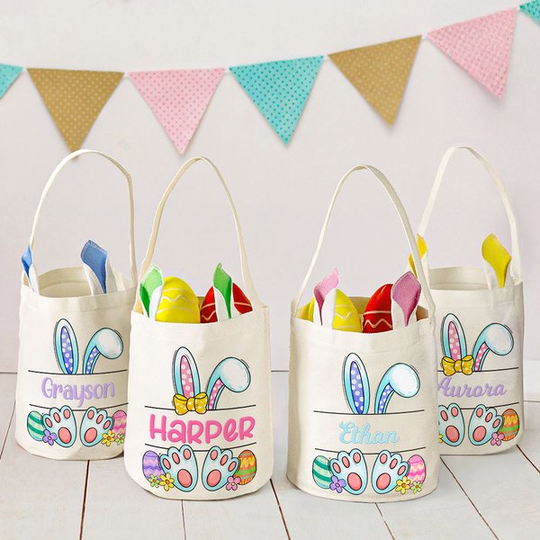 Personalised Cute Bow Bunny Ear Reusable Basket with Name Easter Egg Hunt Accessories Party Birthday Gift for Boys Girls