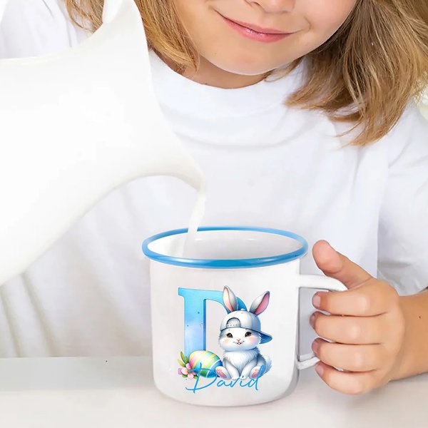 Custom Enamel Mugs with Bunny Initial, Custom 12oz Name Milk Hot Chocolate Mug for Girls' Birthday Gift