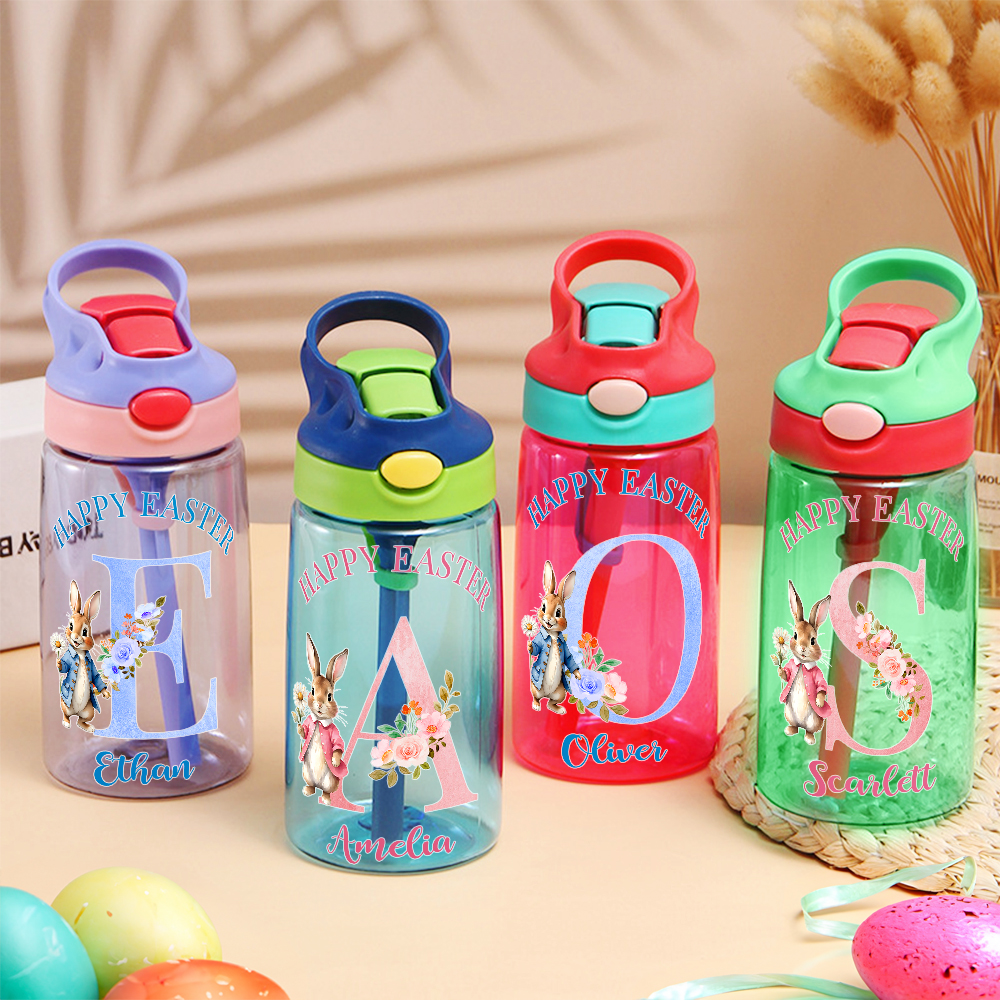 Bouteille d'eau personnalisée avec nom et paille pour enfants Retour à l'école Joyeux cadeau de Pâques pour garçons filles