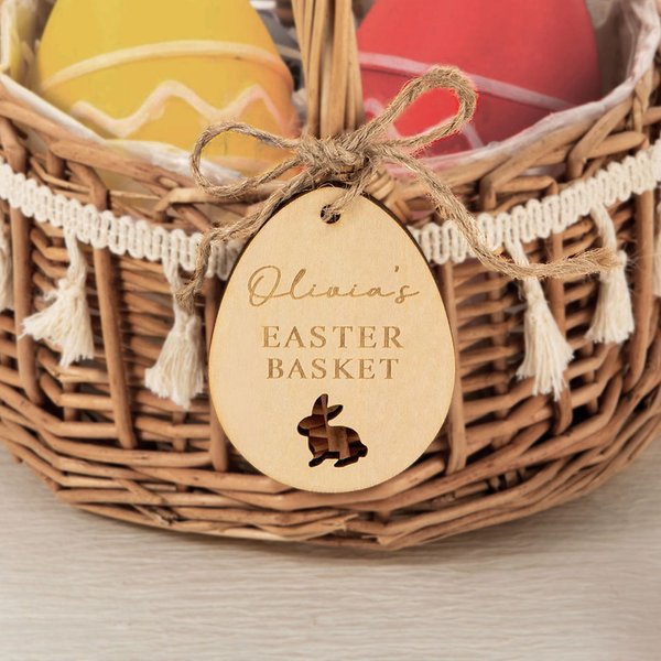 Personalised Cute Bunny Wooden Easter Basket Tag with Engraved Name Eggs Hunting Party Favor Easter Gift for Kids