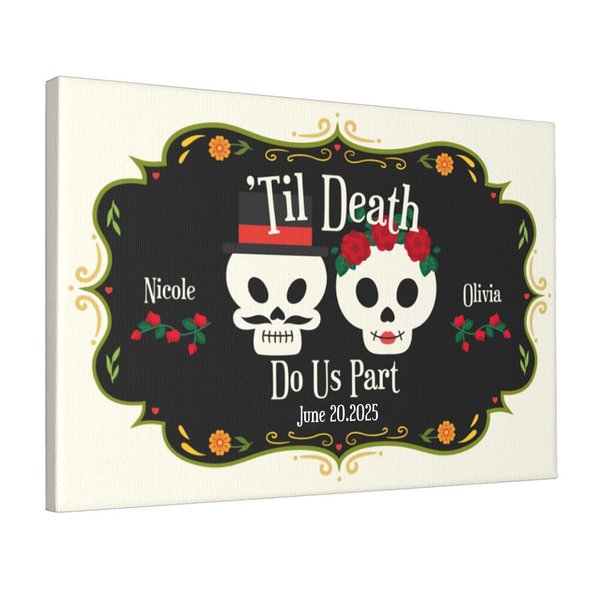 Personalisierte Til Death Do Us Part Gothic Sugar Skull Canvas Malerei mit Namen und Datum Wanddekoration Tag der Toten Halloween Hochzeit Geschenk für Paar
