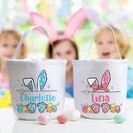 Personalised Cute Easter Bunny Ears Eggs Bow Bucket Bag with Name Easter Egg Hunt Basket Birthday Party Favors Gift for Kids