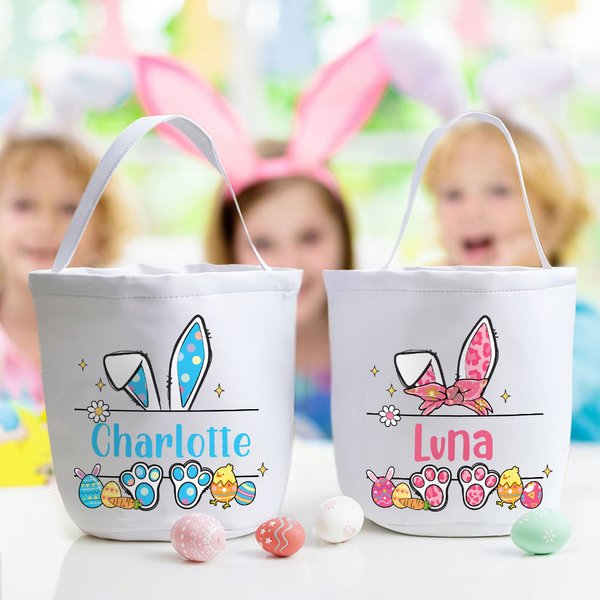 Personalised Cute Easter Bunny Ears Eggs Bow Bucket Bag with Name Easter Egg Hunt Basket Birthday Party Favors Gift for Kids